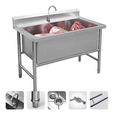 Imagem de Conjunto de pia de cozinha de restaurante comercial de aço inoxidável de aço inoxidável livre, pia de tigela única grande, pia utilitária, para garagem, restaurante, cozinha (100 cm/39,4 pol.)