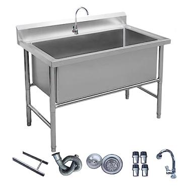 Imagem de Pia de tigela única grande independente de aço inoxidável 1 compartimento pia de cozinha comercial para restaurante lavanderia quintal (100 cm/39,4 pol, prata)