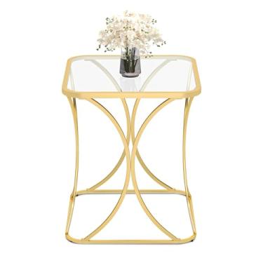 Imagem de CAFOM Mesa de canto quadrada de 50 cm com tampo de vidro temperado, moldura de metal elegante em forma de X, mesa de centro de sala de estar, mesa lateral de sofá, mesas de destaque para espaços