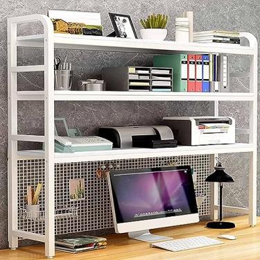 Imagem de Estante de mesa de 3 camadas para mesa de computador - estante de mesa de ferro forjado, rack de exibição de armazenamento de mesa de grade, suporte organizador de estante ajustável, prateleira de