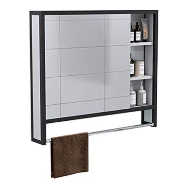 Imagem de Armário de espelho de banheiro de alumínio espacial, armário de armazenamento de medicamentos multiuso montado na parede, espelho prata HD, para cozinha, quarto. (com barra de toalha 80 x 12 x 70 cm)