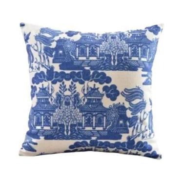 Imagem de Capa De Almofada De Algodão E Linho Com Padrão De Porcelana Azul E Bra