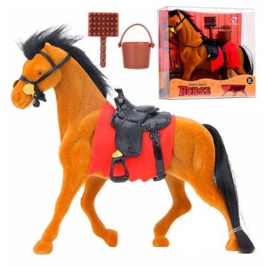 Imagem de Figura Animal Cavalo Realista Infantil Para Escovação Com Sela Manta E