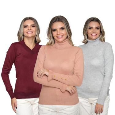 Imagem de Kit 3 Blusa Feminina Tricô Deconte V Gola Alta Manga Botão Lã Lisa Inv
