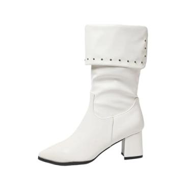 Imagem de Botas femininas casuais de inverno com lapela no tornozelo, bico fino, salto baixo, cano médio, Branco, 38