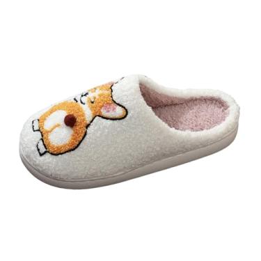 Imagem de Pantufas femininas engraçadas e bonitas bordadas para uso interno em casa, estilo outono inverno moderno casual, Branco, 38