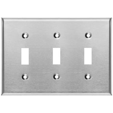 Imagem de Placa de parede de interruptor de metal, 3 grupos, tamanho padrão, 11 x 16 cm, aço inoxidável de grau 430, metal inquebrável resistente à corrosão e ao calor, painel de capa de interruptor de luz, com