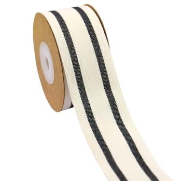 Imagem de YERELO Conjunto de 10 jardas/rolo de fita listrada de algodão preto e branco de 3,8 cm para artesanato de árvore de Natal, guirlanda de casamento, embrulho de presente, decoração e laços de cabelo