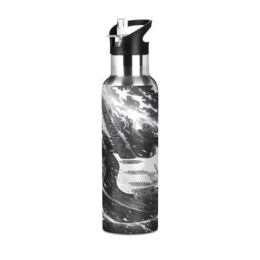 Imagem de Wassud Garrafa de água preta guitarra de aço inoxidável esportiva garrafa de água com isolamento de canudo copo portátil de viagem 623 g