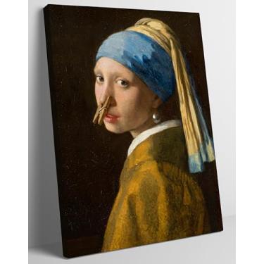 Imagem de Arte de parede de banheiro engraçada A garota com um brinco de pérola beliscando seu nariz decoração de parede pôster de banheiro mau cheiro humor menina banho impressão em tela para banheiro