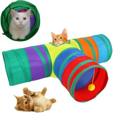 Imagem de Túnel Colorido para Gatos em T – Brinquedo Interativo para Diversão e Exercício, Labirinto Colorido Dobrável, Estímulo e Exercício para Gatos, Resistente em Poliéster