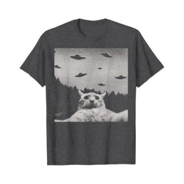 Imagem de Camiseta Feminina Estilo Harajuku Alienígena Gato OVNI Preto Clássica 
