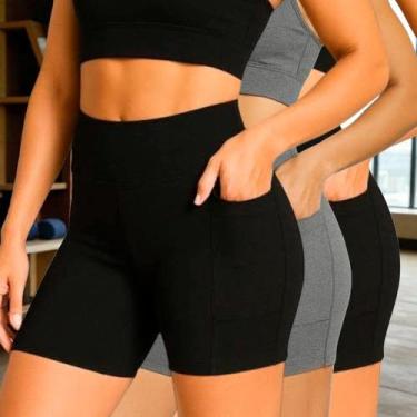 Imagem de Kit c/ 3 SHORTS Legging BOLSO LISO Cintura Alta Fitness Treino Casual 