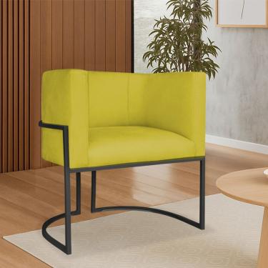 Imagem de Poltrona Dália Luxo Moderna Estofada Design Sofisticado Com Base De Ferro Preto Suede Amarelo