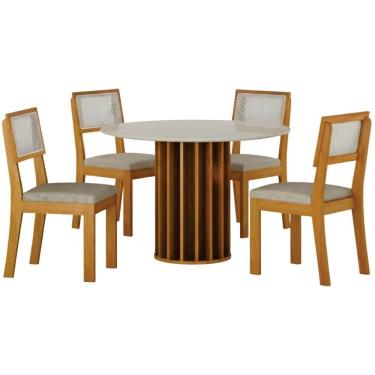 Imagem de Conjunto Sala De Jantar Flora Off White Cinamomo 4 Cadeiras Linho Palha Base Em Madeira 1,08 M Leifer Móveis