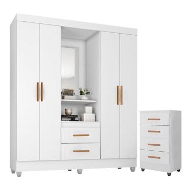 Imagem de Guarda Roupa Casal Capela Com Cômoda 4 Gavetas Lite Branco Brilho - Móveis Leão