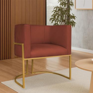 Imagem de Poltrona Dália Luxo Moderna Estofada Design Sofisticado Com Base De Ferro Dourado Bouclé Terracota