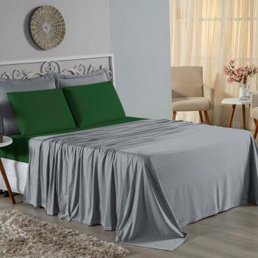 Imagem de Jogo De Cama Solteiro Nobre 3 Peças Lençol Com Elástico De 30cm De Altura Malha 100% Algodão - Cinza / Verde-bandeira