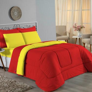 Imagem de Kit Edredom Dupla Face + Jogo De Lençol King Nobre 7 Peças Malha 100% Algodão - Vermelho / Amarelo