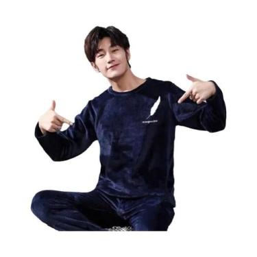 Imagem de Pijamas Masculinos De Fleece Coral Com Gola Redonda E Manga Longa, Con