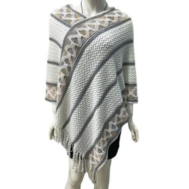 Imagem de Poncho de Lã Tricot com Franjas Inverno Quentinho Elegante Cor:CremeTa