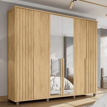 Imagem de Guarda-roupa Casal França 6 Portas com Espelho e Detalhe Ripado com 3 Gavetas Internas Cinamomo