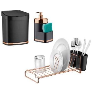 Imagem de Kit Cozinha Lixeira 2,5L Escorredor De Louças Dispenser Detergente Ros