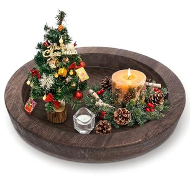 Imagem de Bandeja redonda de madeira rústica para decoração de velas, bandejas de servir de madeira para mesa de café e decoração de casa, pequenas bandejas de servir para decoração de mesa de centro de mesa