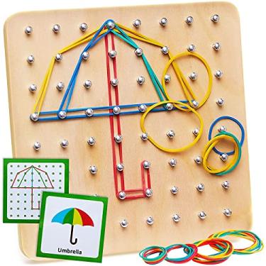 Imagem de Geoboard de Madeira - Brinquedo Montessori, Brinquedo de Educação Matemática Gráfica para Crianças com 30 Cartões Padrão e 40 Elásticos para Criar Figuras e Formas, Brain Teaser STEM Toy Geo Board