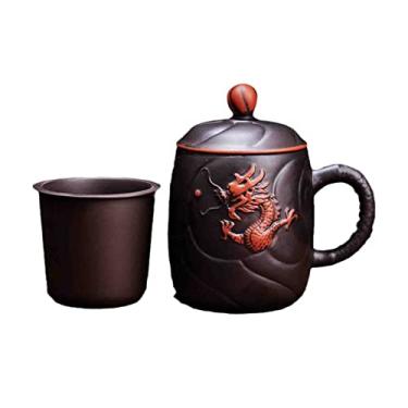 Imagem de Xícaras de chá de dragão chinês em relevo roxo argila criativa retrô caneca de chá com tampa e infusor copo de água feito à mão para copos presentes