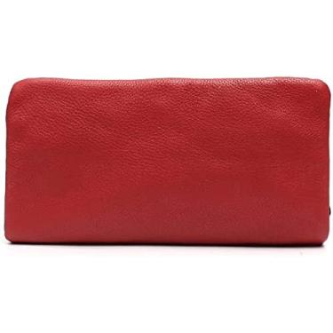 Imagem de Carteira longa de couro genuíno portátil feminina, suportes de cartão funcionais de cor sólida simples designchic bolsa feminina bolsa de couro diária requintada, vermelha, 10x19cm, Uptodate1