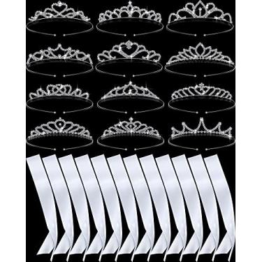 Imagem de Conjunto de 12 faixas em branco e tiaras, tiras de cetim para baile de formatura, rainha para concursos de prata, tiara com strass, coroa branca, faixa em branco, faça você mesmo para aniversário, casamento, concurso de beleza, formatura, festa de formatura
