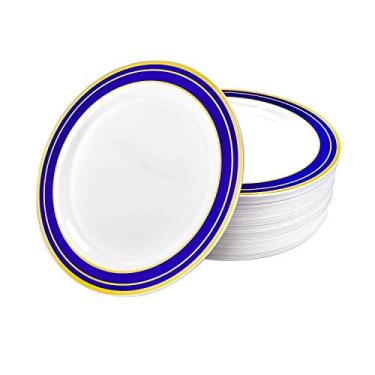 Imagem de Pratos de plástico pesado de qualidade premium semelhantes à China Pratos de jantar de casamento e festa 19 cm, branco/azul, 10 unidades