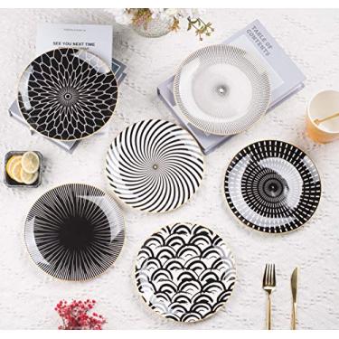 Imagem de Conjunto de 6 pratos de jantar de porcelana com padrão preto, 20 cm, pratos de servir massa de pizza pratos de sobremesa