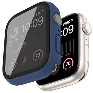 Imagem de Capa compatível com Apple Watch Series 9 8 7 41 mm/45 mm PC bumper com protetor de tela de vidro temperado fosco cor sólida capa dura (azul meia-noite, 45 mm)