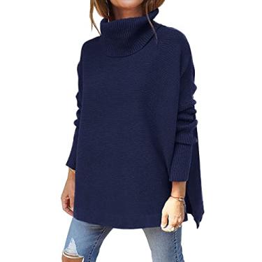 Imagem de Suéter de malha feminino gola alta manga longa pulôver suéter de malha outono inverno pulôver, azul, XGG