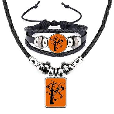 Imagem de Conjunto de joias de pulseira de couro laranja Hallowmas Árvore de gato Halloween