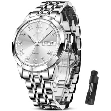 Imagem de OLEVS Relógio masculino de luxo (prata/ouro/azul/preto) (diamante/numerais romanos/algarismos arábicos) relógio de aço inoxidável data à prova d'água vestido casual reloj, Pulseira de prata com