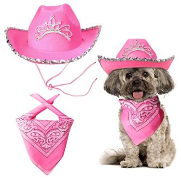 Imagem de Yewong Conjunto de acessórios de chapéu de caubói rosa para animais de estimação, tamanho de gato, rosa, vaqueira, princesa, tiara com coroa, bandana/cachecol para gato, cachorrinho, fantasia