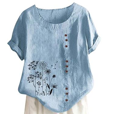 Imagem de Camiseta feminina de linho de manga curta, gola redonda, folgada, estampada, túnica, camisa de verão, Azul, GG