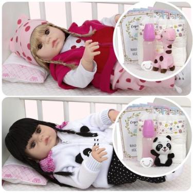 Imagem de Kit 2 Bebê Reborn Realista Gêmeas Girafinha Pandinha Itens - Cegonha R
