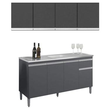 Imagem de Balcão de Pia Tatiane 145 cm e Armário Aéreo Andréia 4 Portas 160 cm Cinza Fosco - AJL