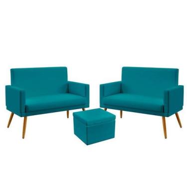 Imagem de Kit 2 Poltronas Namoradeira Nina com Rodapé e Puff Quasar Suede Azul T