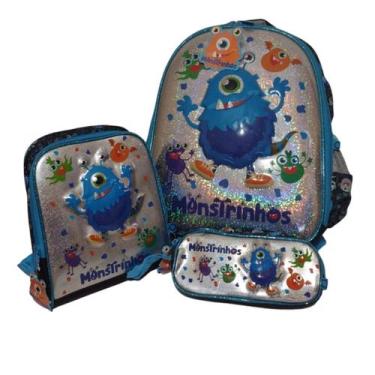 Imagem de Kit Mochila Infantil Clio Escolar Monstrinho c/ Lancheira e Estojo FT7