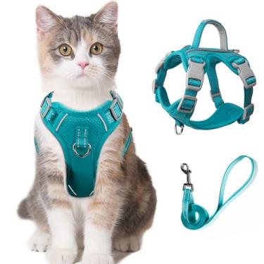 Imagem de Conjunto de coleira e peitoral para gatos para caminhada à prova de fuga para gatos pequenos e grandes com bolso para etiqueta de identificação (azul, P)