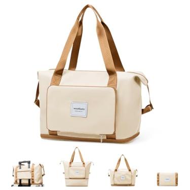 Imagem de WOOMADA Bolsa esportiva de viagem dobrável, bolsa de fim de semana para mulheres, sacola com espaço expansível, bolsas de mão para aviões, Bege e marrom