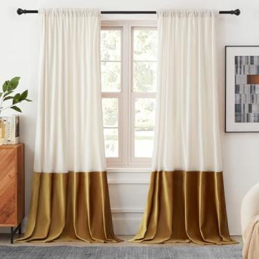 Imagem de Cortinas de veludo 213 cm de comprimento para sala de estar creme ouro marfim, 2 painéis, cortinas blackout modernas com bloco de cores, bolso traseiro para varão, cortinas à prova de som, para