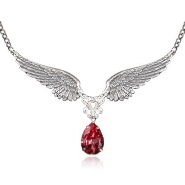 Imagem de QLUYCKW Colar gótico vintage para mulheres, coração maligno, asa de morcego, colar de Halloween, colar punk rock, cristal vermelho, preto, colar de asas de anjo e diabo, pingente de fantasia de