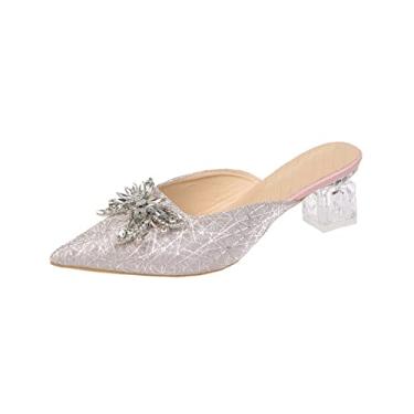 Imagem de Sapatos femininos de verão, sandálias de salto grosso com strass, moda feminina, cristal, salto alto, chinelos brilhantes(Pink,39EU)