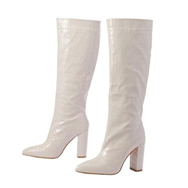 Imagem de Botas pretas de qualidade até o joelho botas femininas com zíper salto alto quadrado pontiagudo(Beige no zipper,41EU)